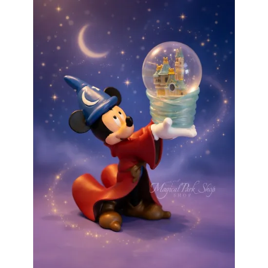 Zauberer-Mickey-Figur mit kleinem Schneekugel-Schloss – Disney Fantasia