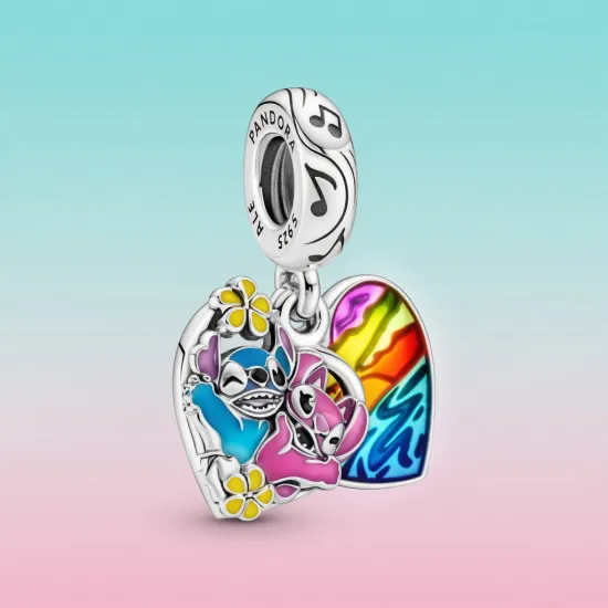 Charm Pandora Disney Stitch & Angel cœur arc-en-ciel Disneyland Paris