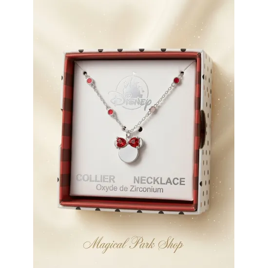 Collier Minnie Mouse argenté avec nœud rouge scintillant – Disney
