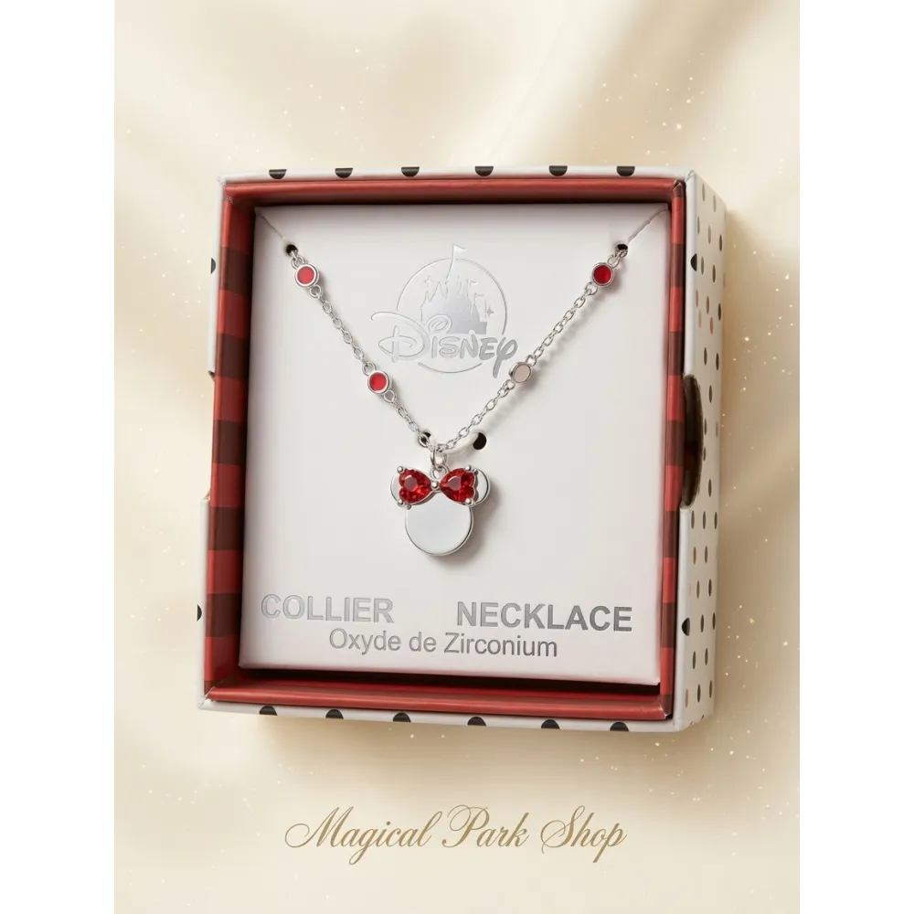 Collar de Minnie Mouse plateado con lazo rojo brillante – Disney