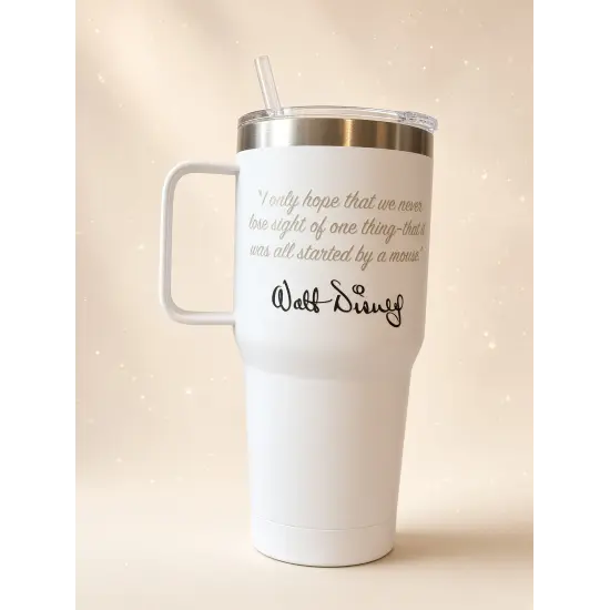 Large white insulated cup Walt Disney with quote and straw