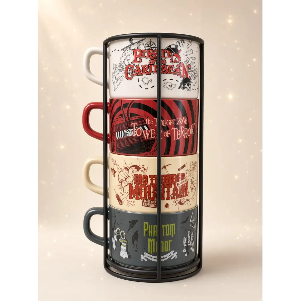 Set of 4 Disneyland Paris attraction mugs with stand