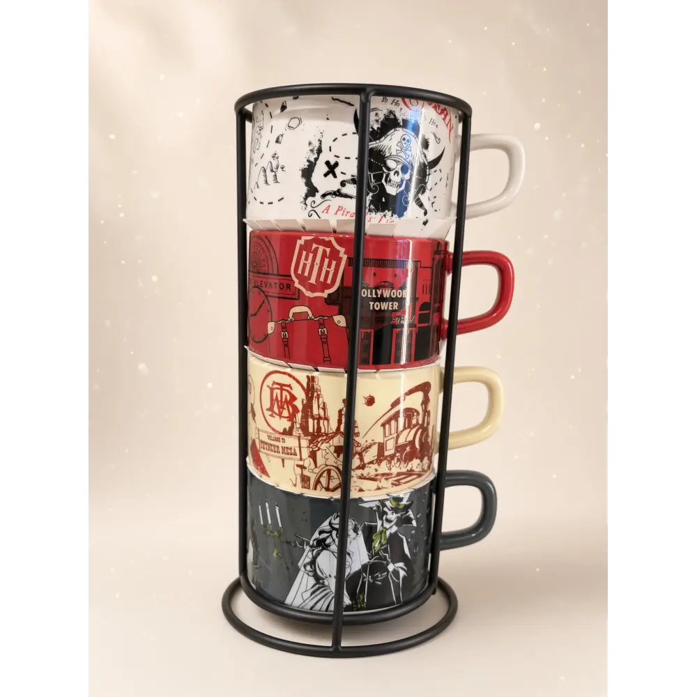 Set of 4 Disneyland Paris attraction mugs with stand