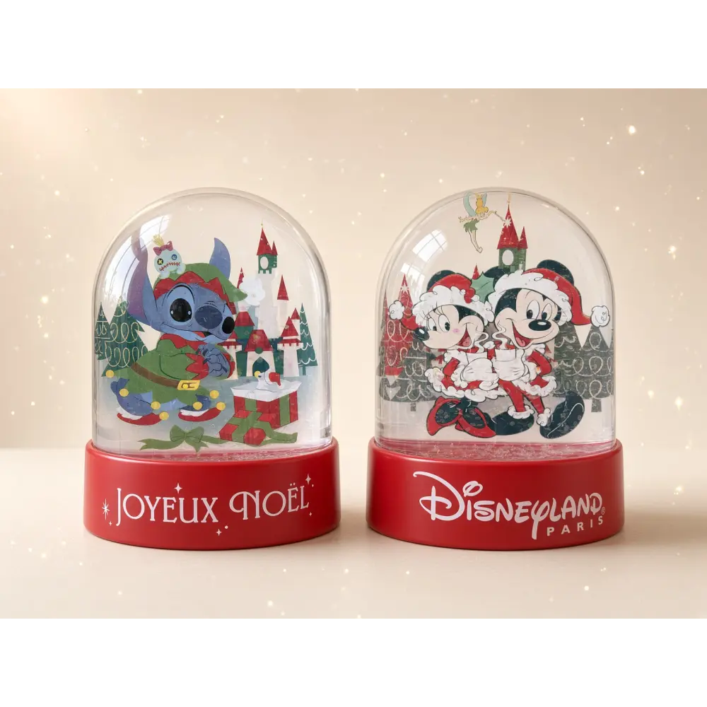 : Christmas snow globe Disneyland Paris – Stitch, Mickey and Minnie – Front and back