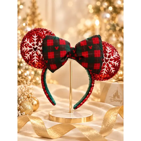 Diadema orejas Minnie de Navidad – Lentejuelas rojas, copos de nieve blancos y lazo tartán – Disneyland Paris