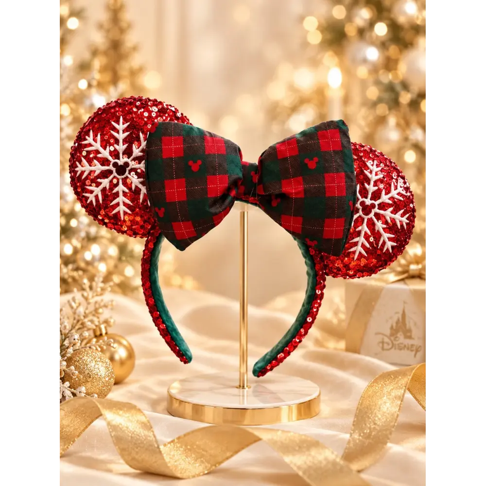 Minnie Christmas Ears Headband – Red Sequins, White Snowflakes and Tartan Bow – Disneyland Paris