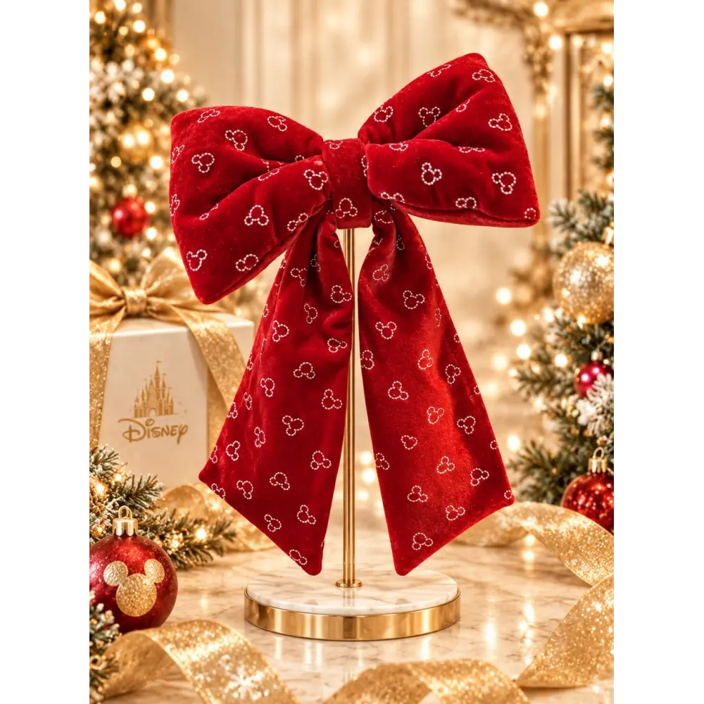 XXL Weihnachtsornament Mickey Schleife aus rotem Samt mit silbernen Motiven – Disneyland Paris