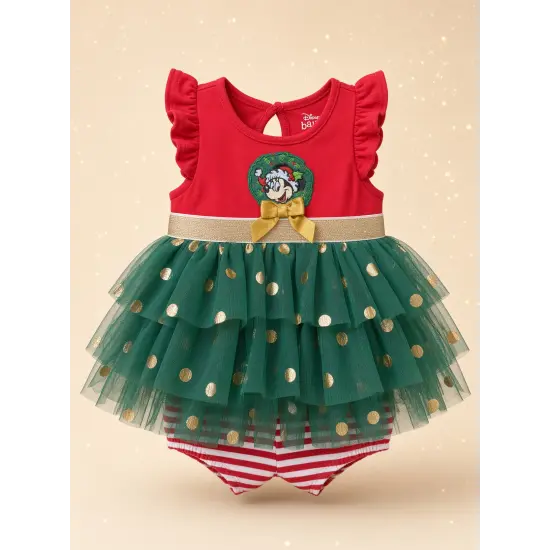 Conjunto bebé Minnie Navidad – Vestido tipo tutu verde y mallas a rayas – Disneyland Paris
