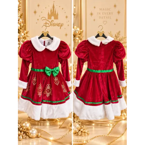 Minnie Weihnachtskostüm – Roten Samtstoff-Kleid und grüner Schleife – Disneyland Paris