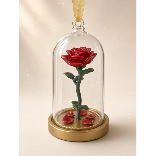 Enchanted Rose Pink Christmas Decoration under a Glass Bell – Beauty and the Beast