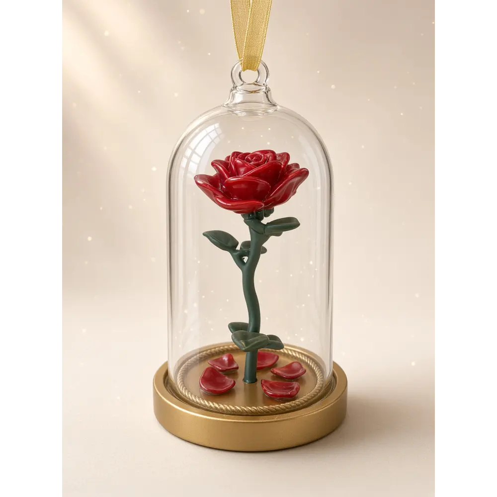Decoración navideña rosa encantada bajo campana de cristal – La Bella y la Bestia