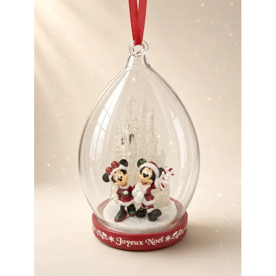 Weihnachtsdeko von Mickey und Minnie unter Glashaube – Disney-Schloss