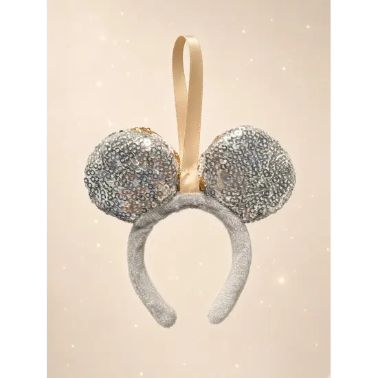 XXL Weihnachtsornament Mickey Schleife aus rotem Samt mit silbernen Motiven – Disneyland Paris
