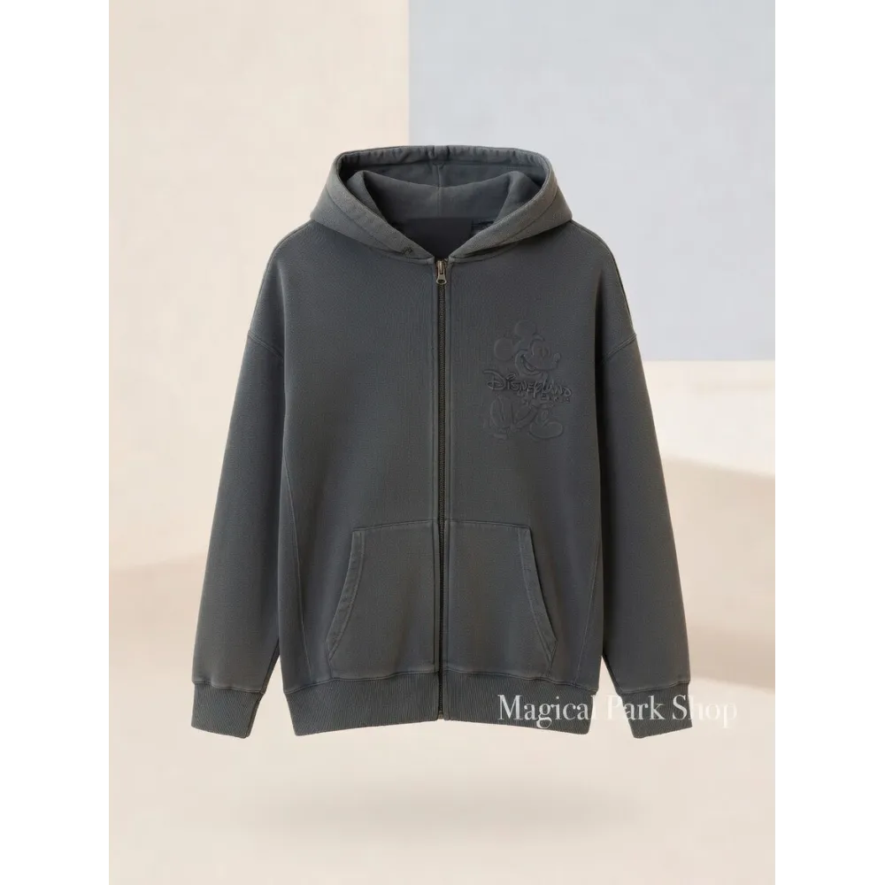 Verwasste Schwarze Disneyland Paris Kapuzenweste – Minimalistischer Zip-Sweat mit Mickey