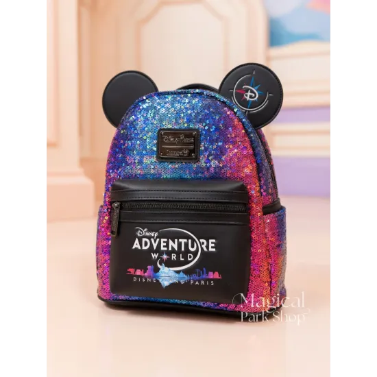 Loungefly Mickey Disney Adventure World Rucksack – Bunte Pailletten Disneyland Paris