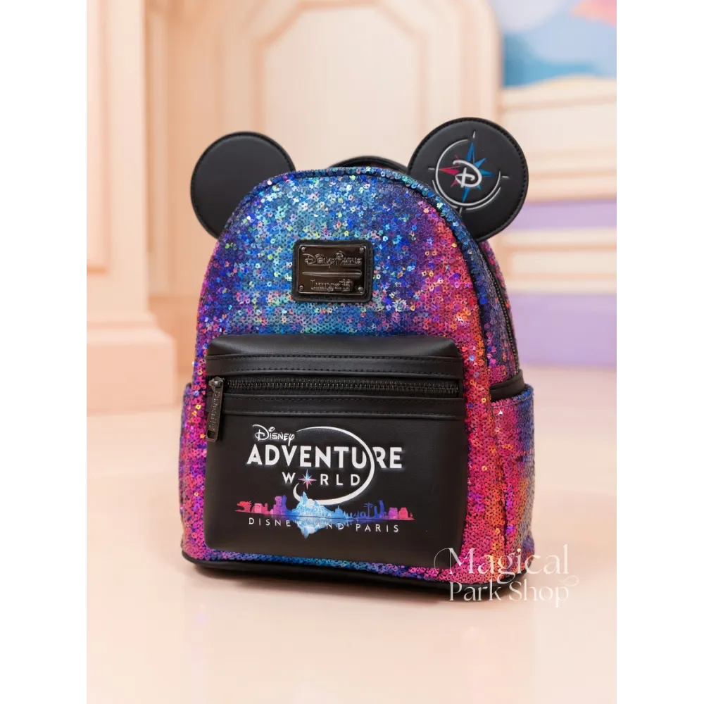 Mochila Loungefly Mickey Disney Adventure World – Lentejuelas multicolores Disneyland Paris